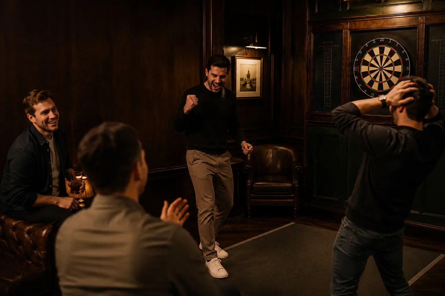 Freunde am Dartboard reagieren auf einen Wurf